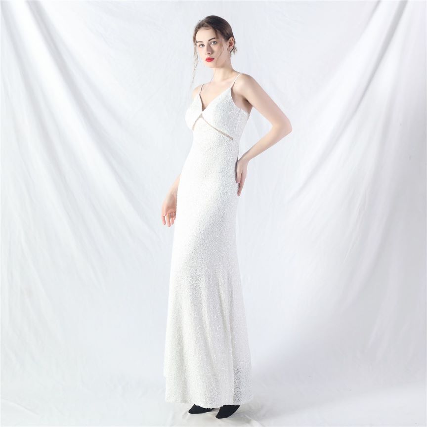 Elegant Stretch Spaghetti Sequins A-Line Evening Gown (White) (Made To Order)