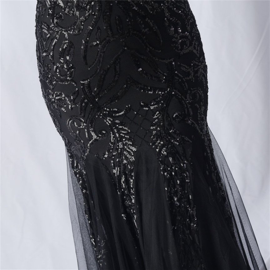 Spaghetti Sequins White Gown with Tulle Skirt Evening Gown (Black) (Made To Order)