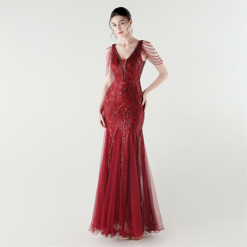 Fashion Crystal Beads with Splits Tail Evening Gown (Red) (Made To Order)