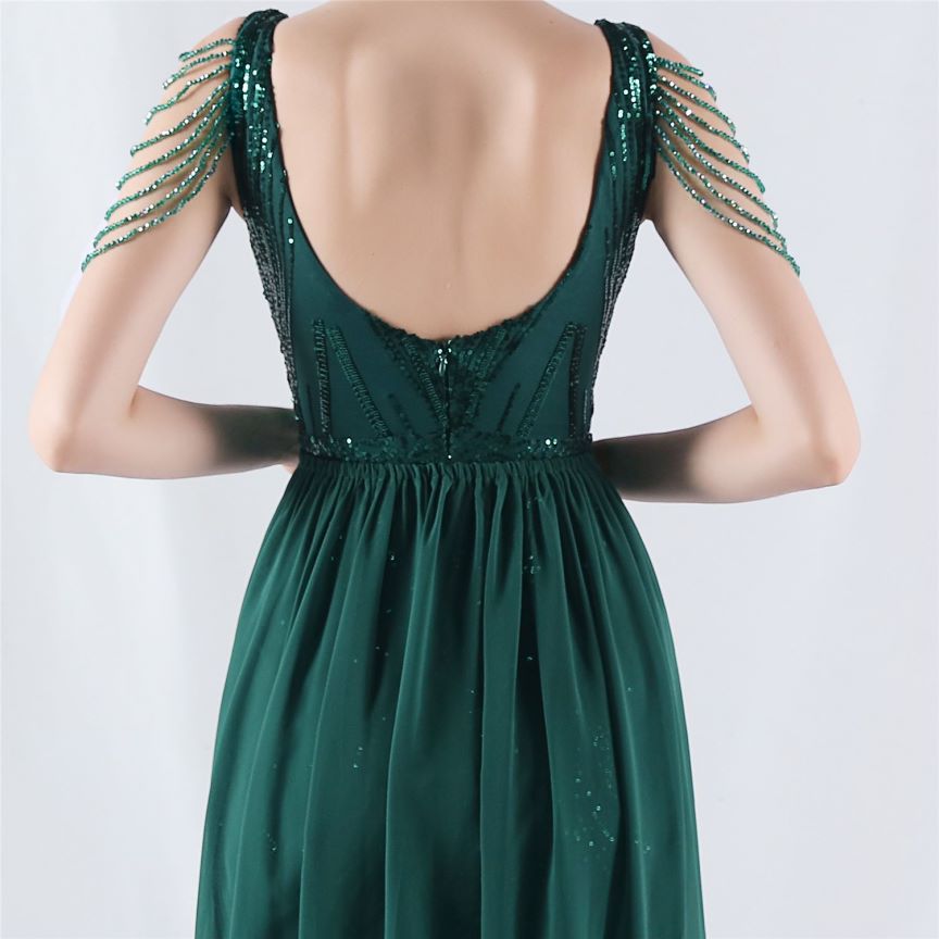 Elegant Crystal Beads Sequins Mermaid Cape Skirt Gown (Green) (Made To Order)
