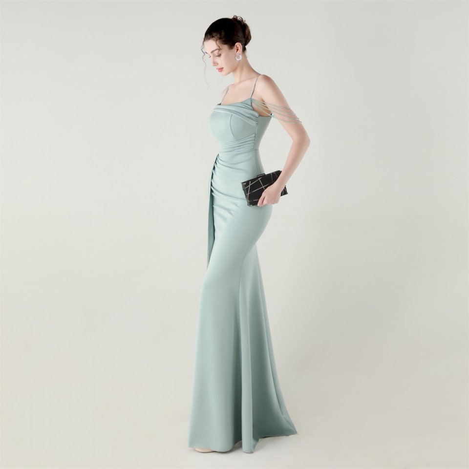 Crystal Beads Spaghetti Pleated Waist Evening Gown (Lake) (Make To Order)