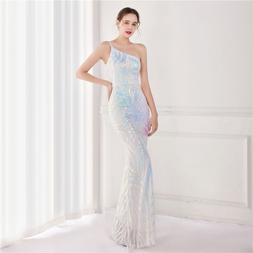 One Side Sling Shoulder Sequins Mermaid Gown (White) (Made To Order)
