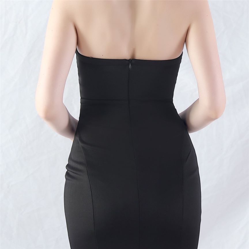 Strapless Corset Overlap Slit Evening Gown (Black) (Made To Order)