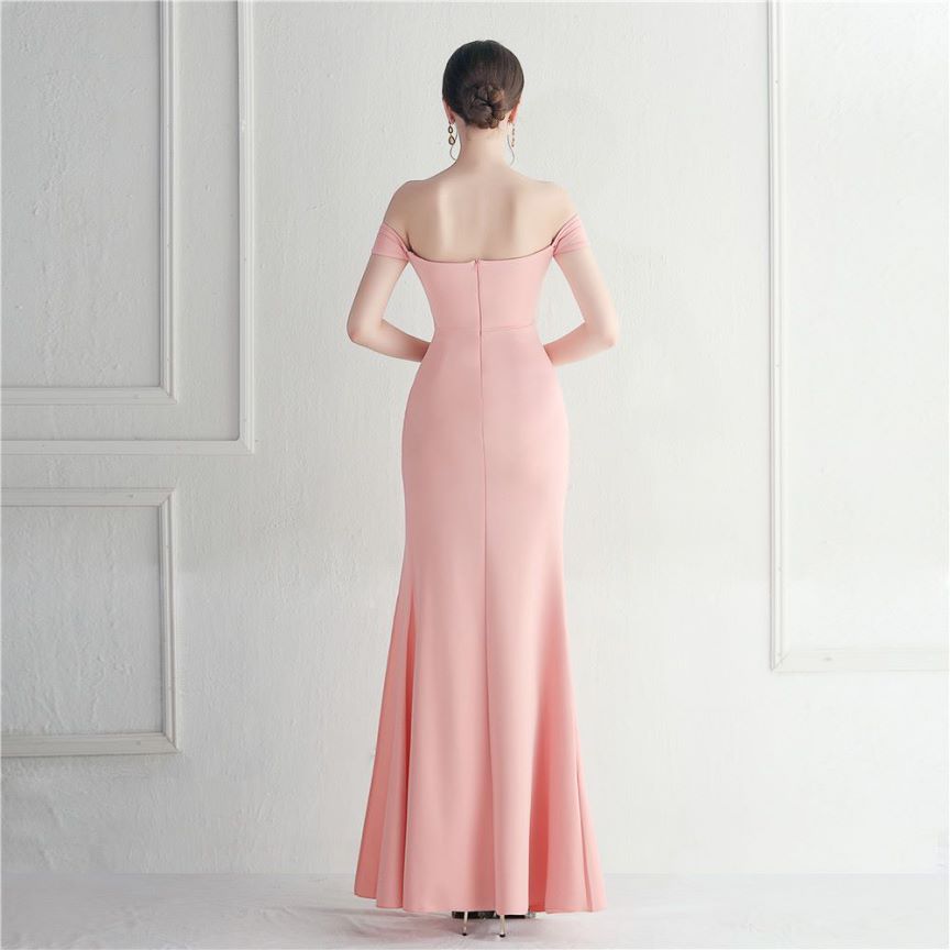 Off Shoulder Fitted with Overlap Slit Evening Gown (Pink) (Made To Order)