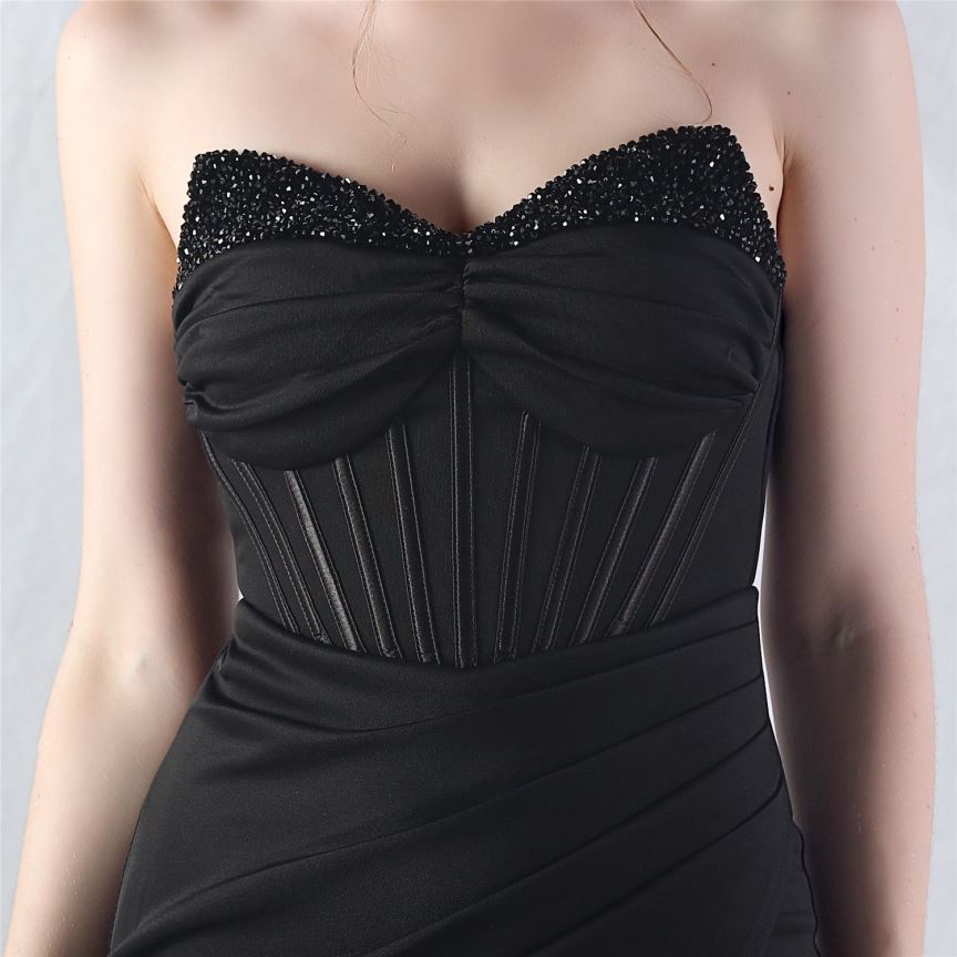 Strapless Crystal Beads Corset Overlap Slit Evening Gown (Black) (Retail)