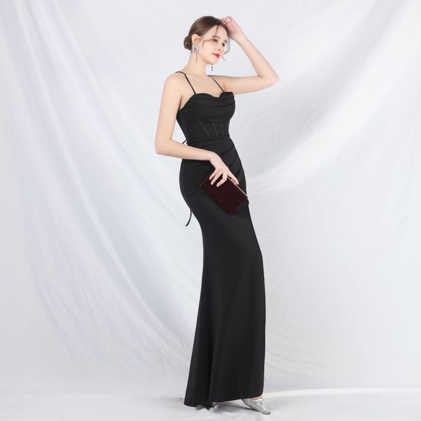 Spaghetti Back Cross Overlap Slit Evening Gown (Made To Order) (Black)