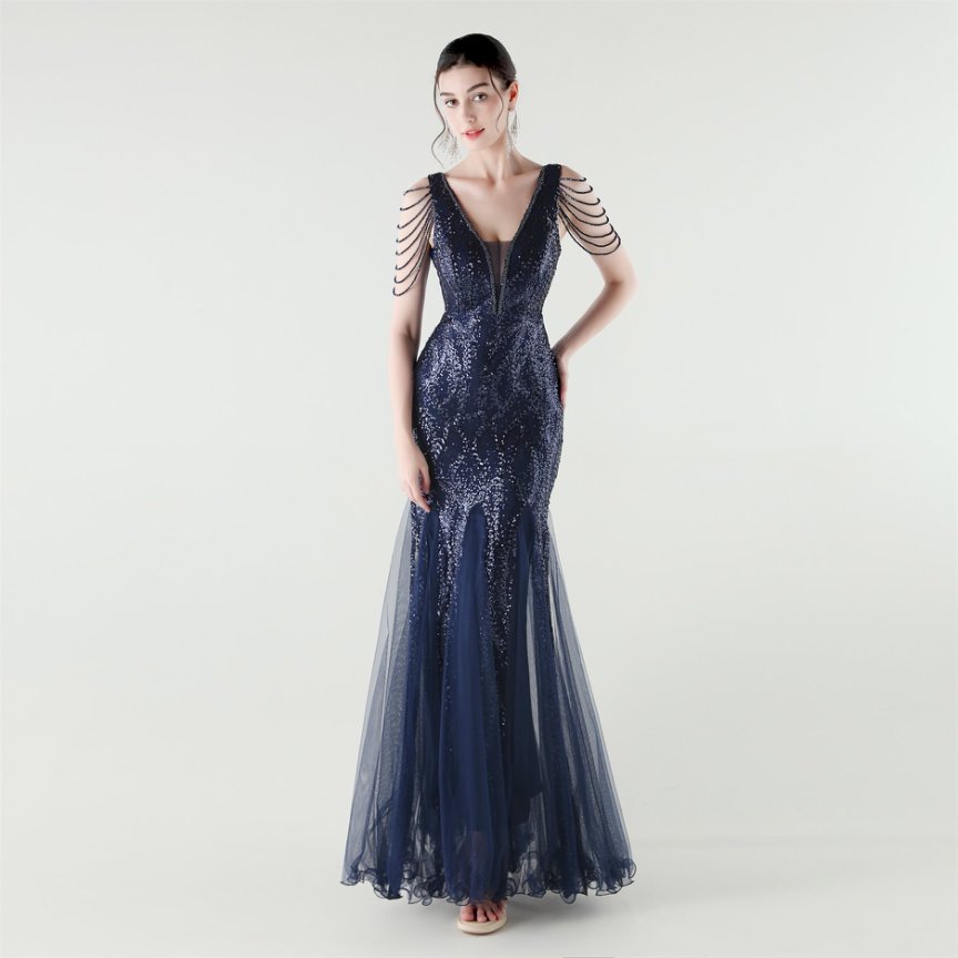 Fashion Crystal Beads with Splits Tail Evening Gown (Navy Blue) (Made To Order)