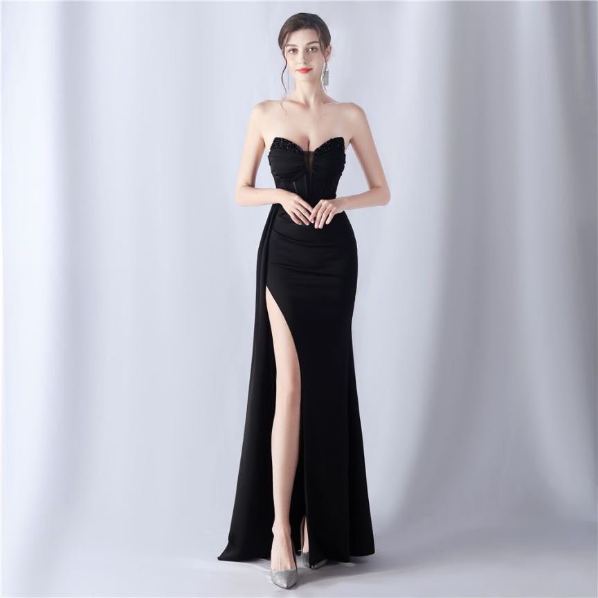 Strapless Sexy Corset With Side Split Evening Gown (Black) (Made To Order)