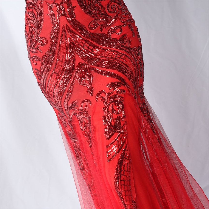 Strapless Sequins Frills Evening Gown (Red) (Made To Order)