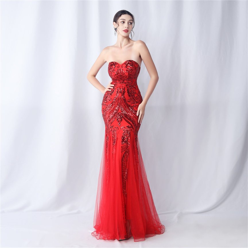 Strapless Sequins Frills Evening Gown (Red) (Made To Order)