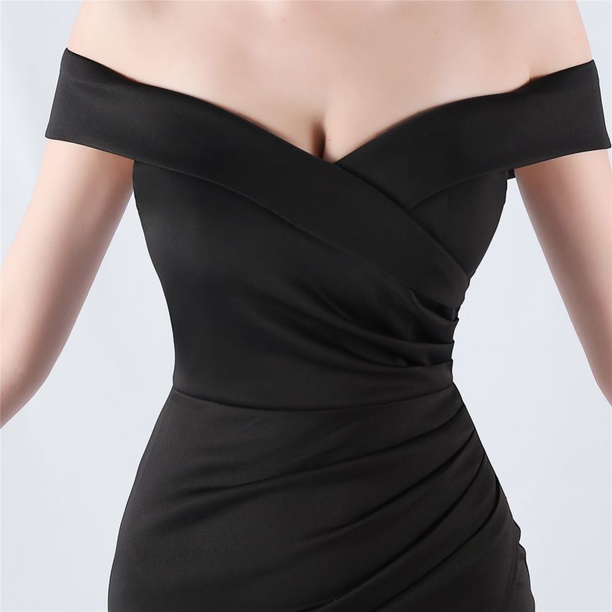 Pleated Off Shoulder Slim Evening Dress (Black) (Made To Order)