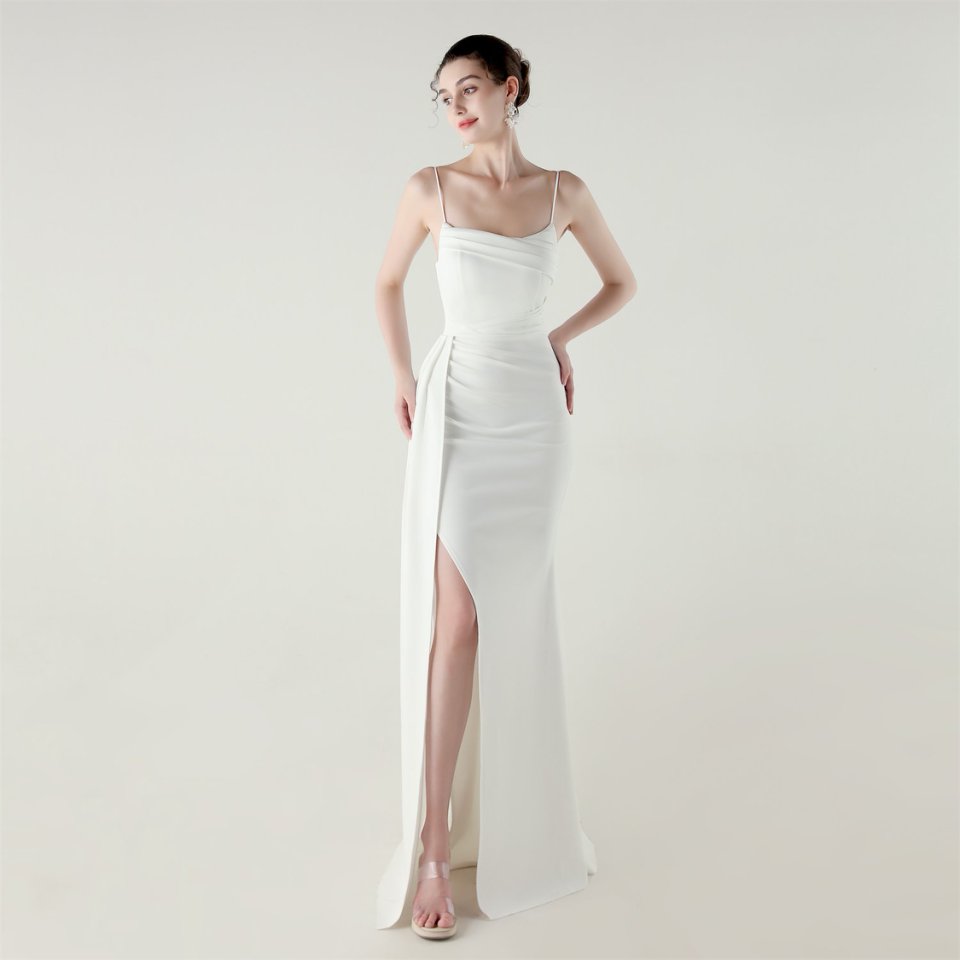 Spaghetti Pleated Waist Evening Gown (White) (Made To Order)