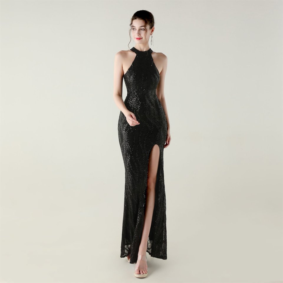 Halter Neck Sequins Backless Fitted Evening Gown (Black) (Made To Order)