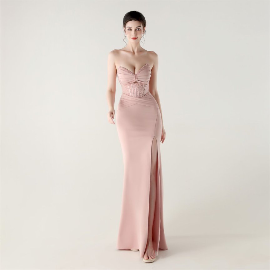 Strapless Rhine Stones Pleated Corset Evening Gown (Pink) (Made To Order)