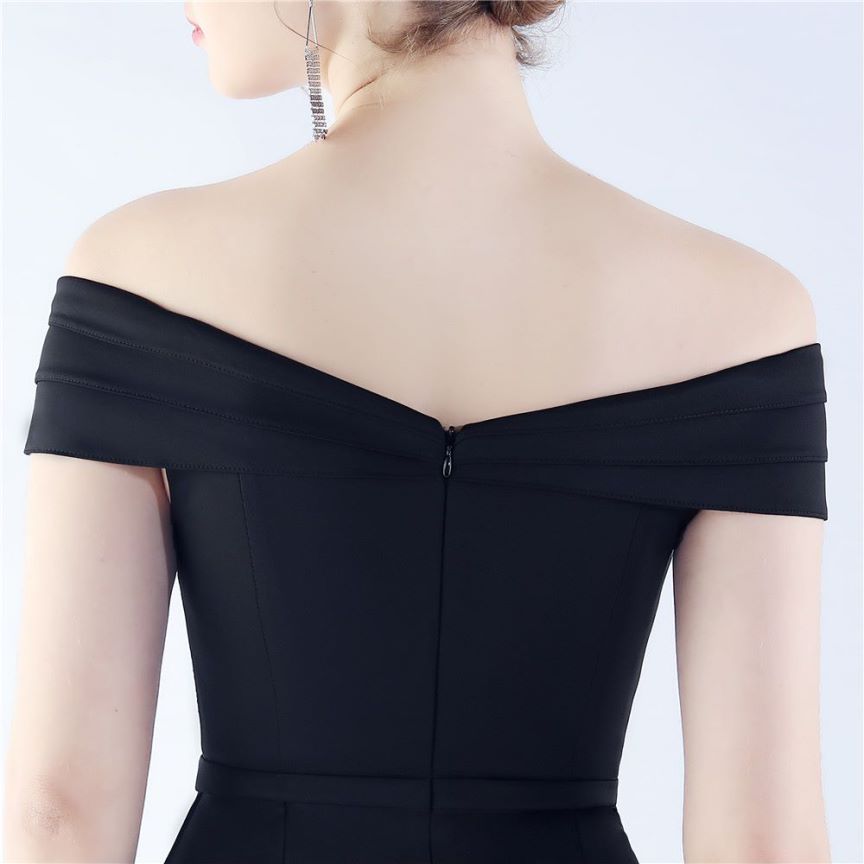 Off Shoulder Ruffles With Split Slit Evening Gown (Black) (Made To Order)