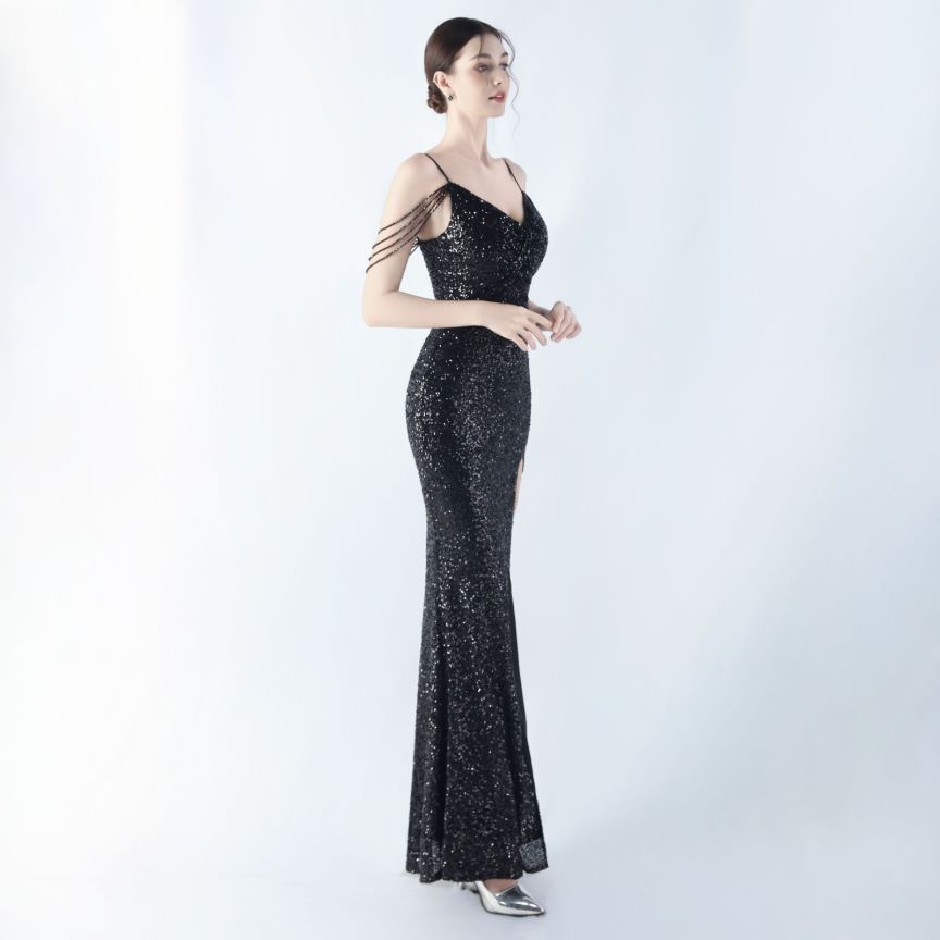 Spaghetti Padded Sequins Slit Gown (Black) (Made To Order)