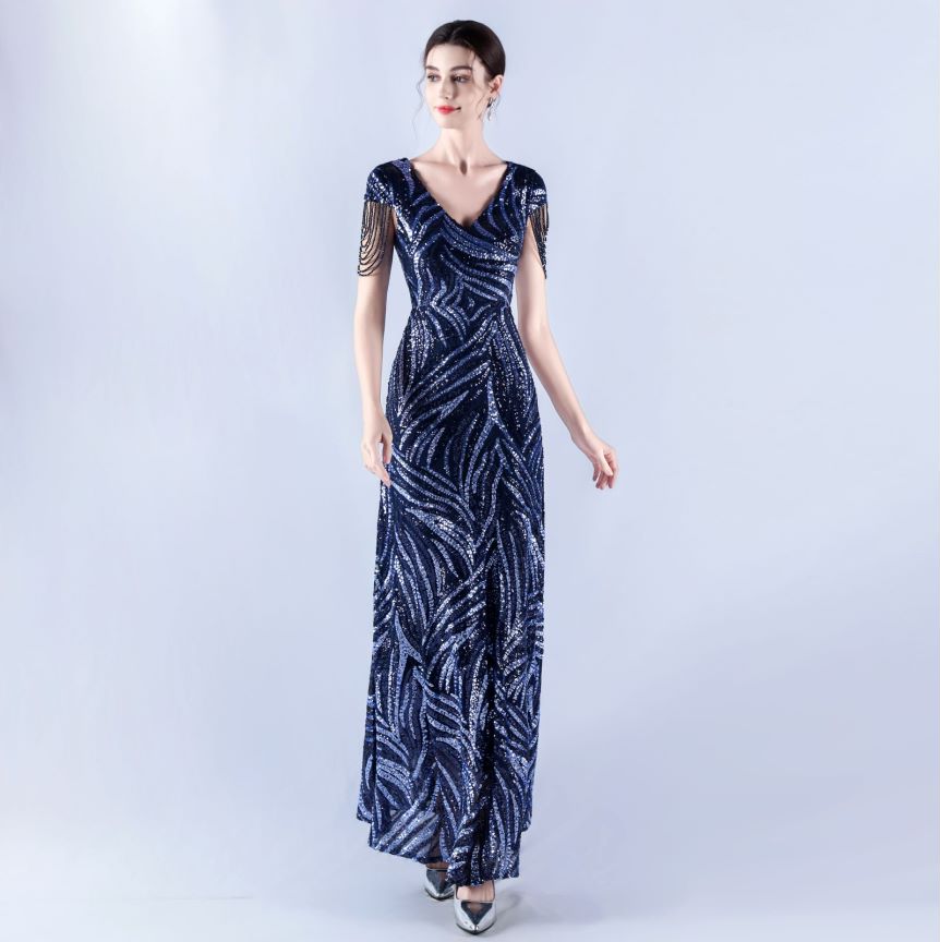 Sleeve Beads Sequins with A Line Evening Gown (Navy Blue) (Made To Order)