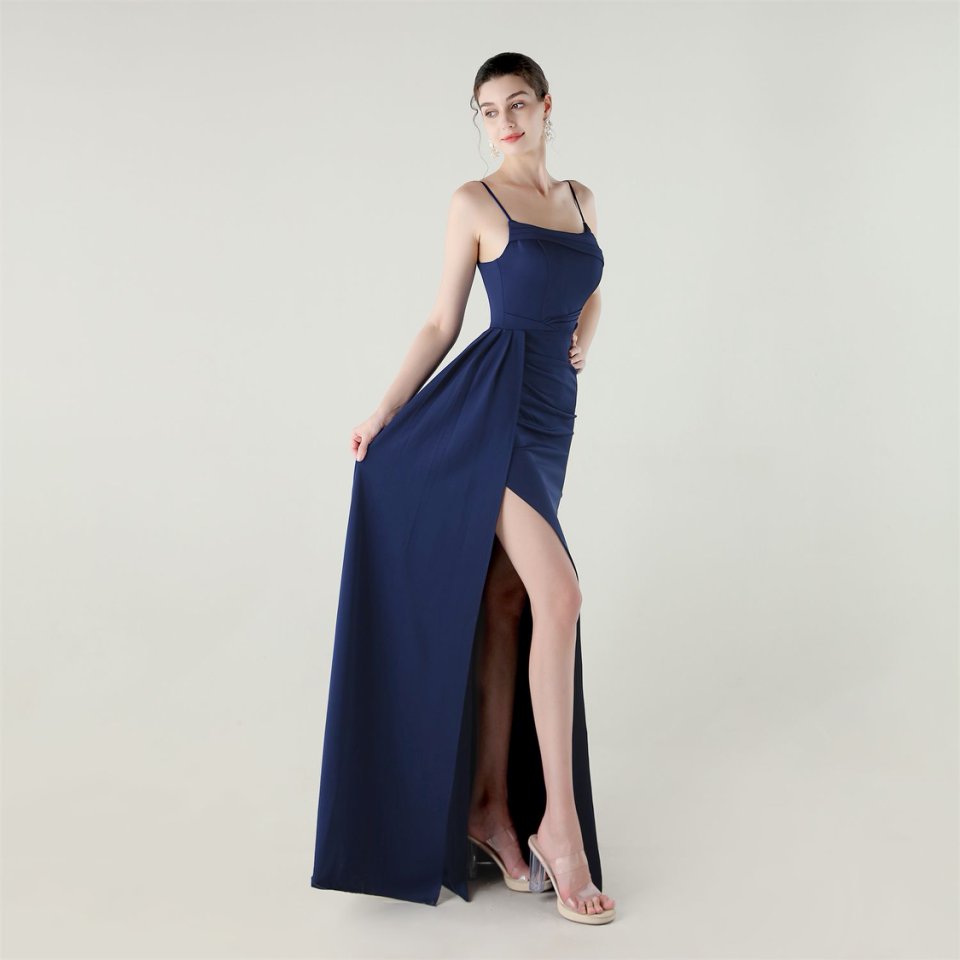 Spaghetti Pleated Waist Evening Gown (Navy Blue) (Made To Order)
