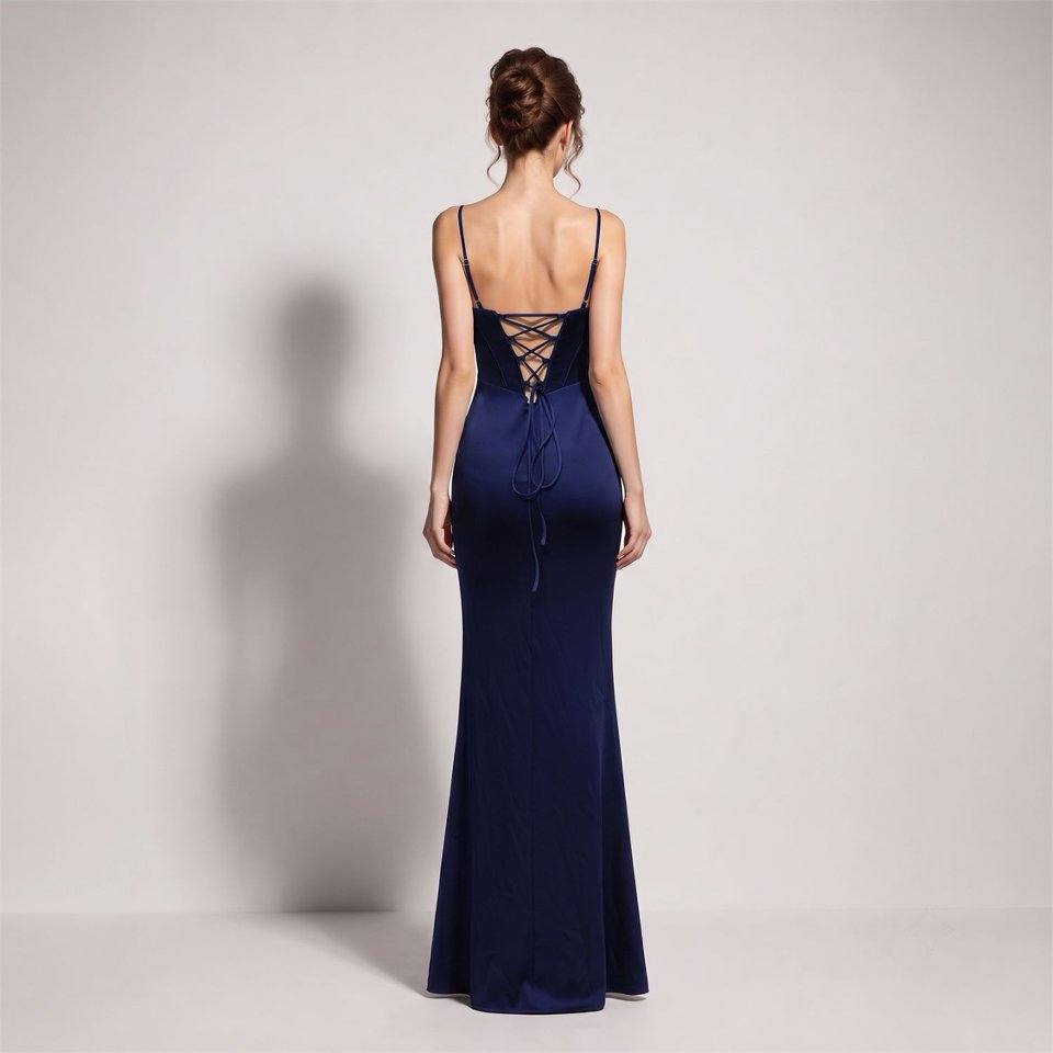 Spaghetti Ruched Corset Slit Evening Gown (Navy Blue) (Made To Order)
