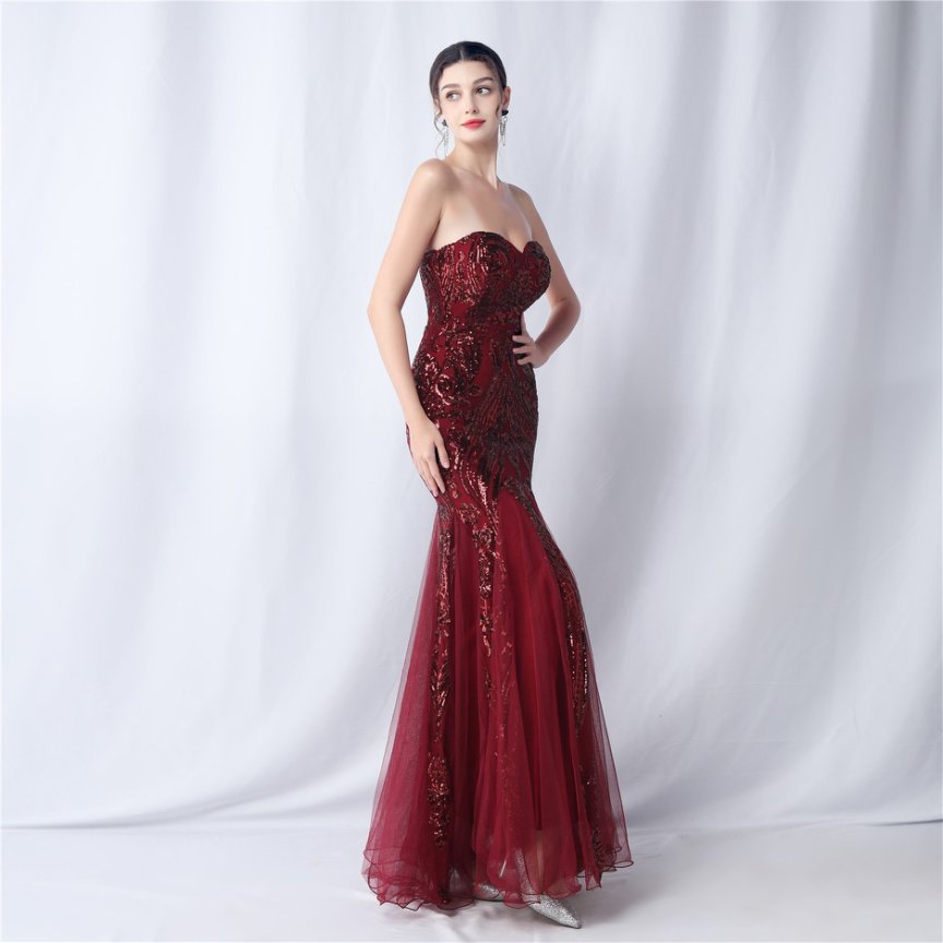 Strapless Sequins Frills Evening Gown (Maroon) (Made To Order)