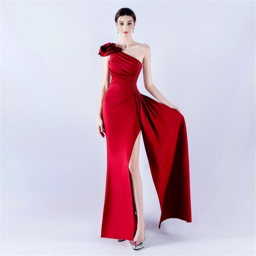 Gorgeous One Side Shoulder Evening Gown (Maroon) (Made To Order)