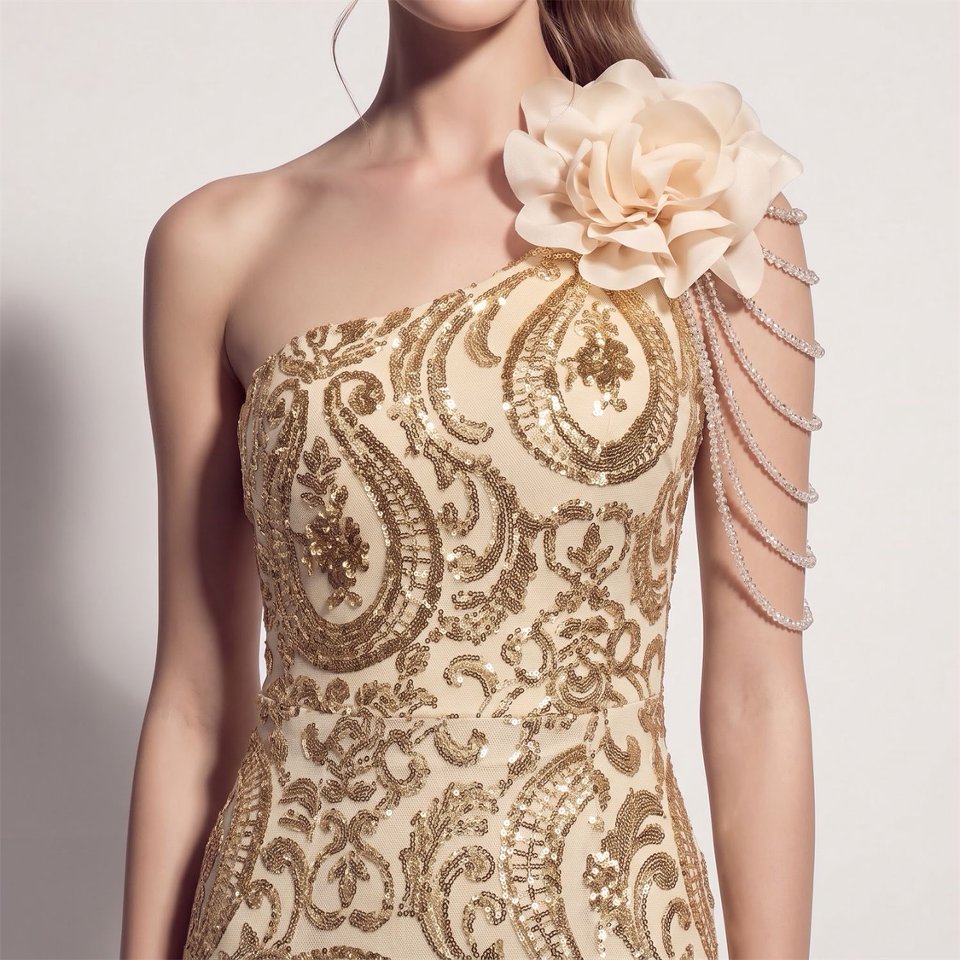 One Side Shoulder Flowering with Crystal Beads Evening Gown (Gold) (Made To Order)