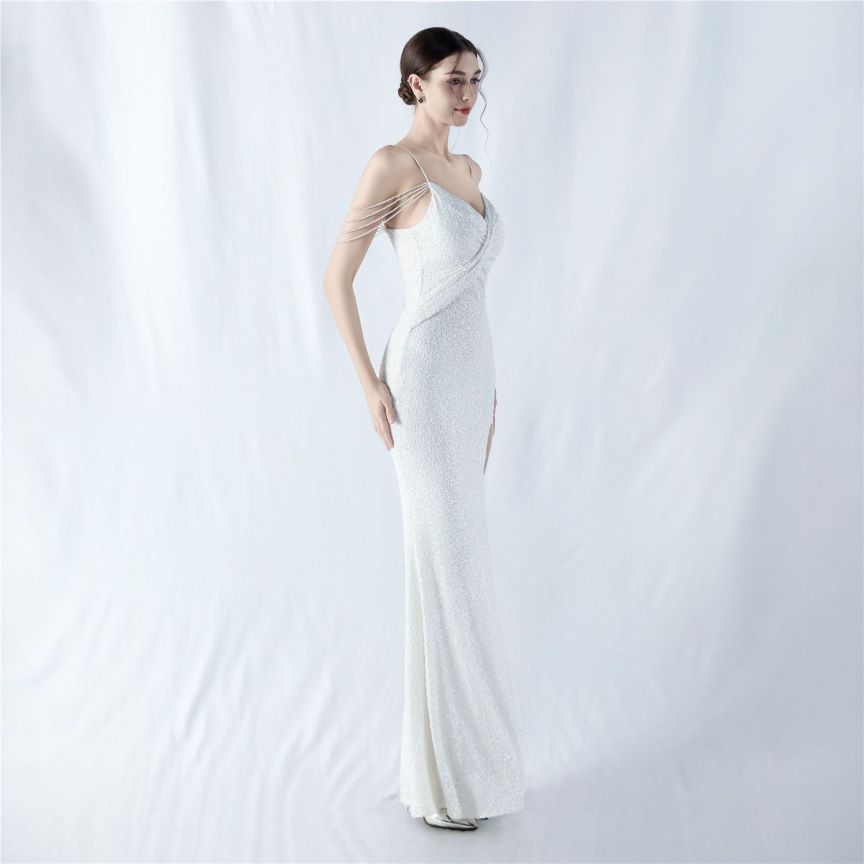 Spaghetti Padded Sequins Slit Gown (White) (Made To Order)