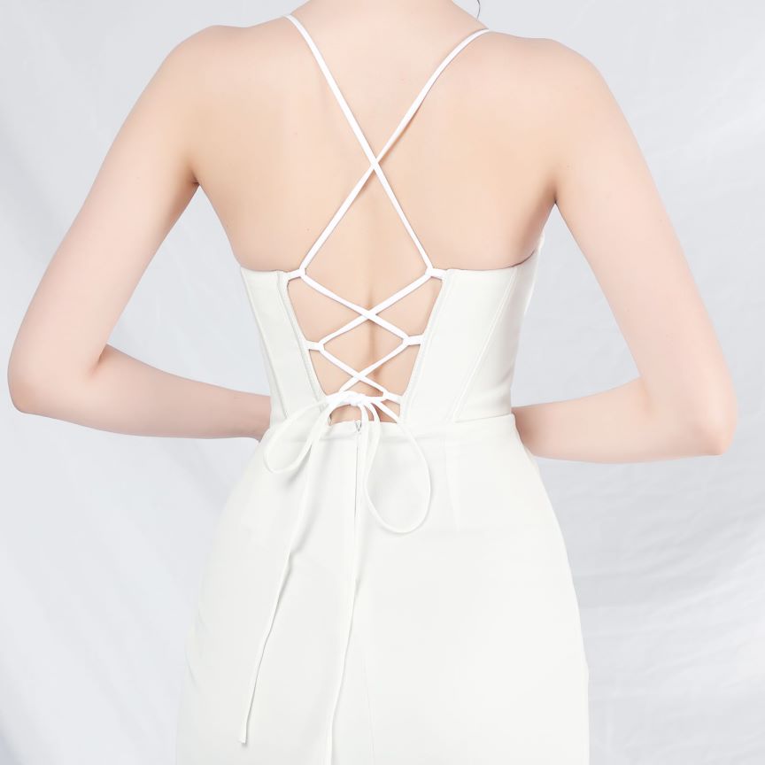 Spaghetti Back Cross Overlap Slit Evening Gown (Made To Order) (White)