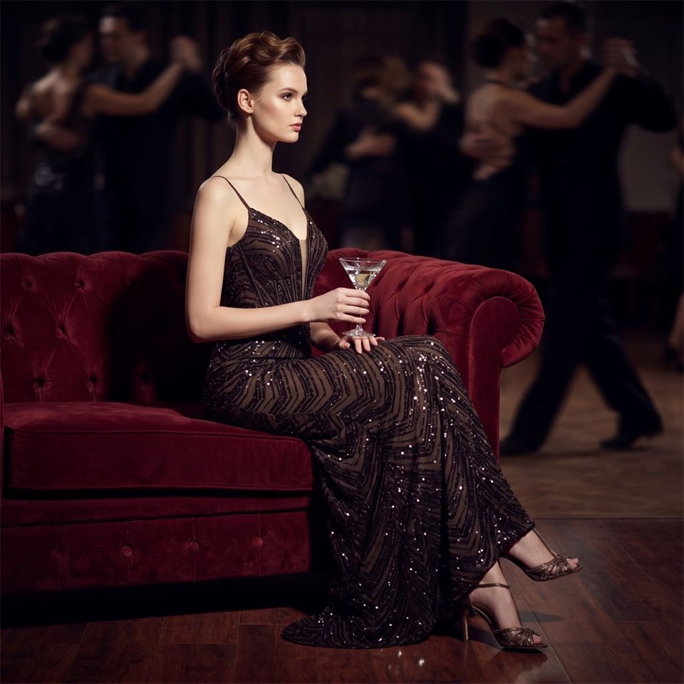 Deep V-Neck Sequin Evening Dress (Coffee) (Made To Order)