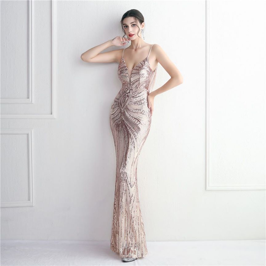 Spaghetti Strap Sequins Evening Gown (Rosegold) (Made To Order)