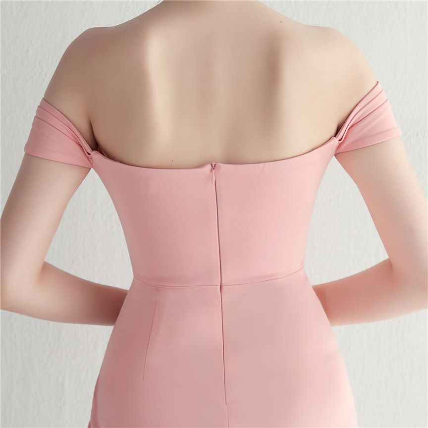 Off Shoulder Fitted with Overlap Slit Evening Gown (Pink) (Made To Order)