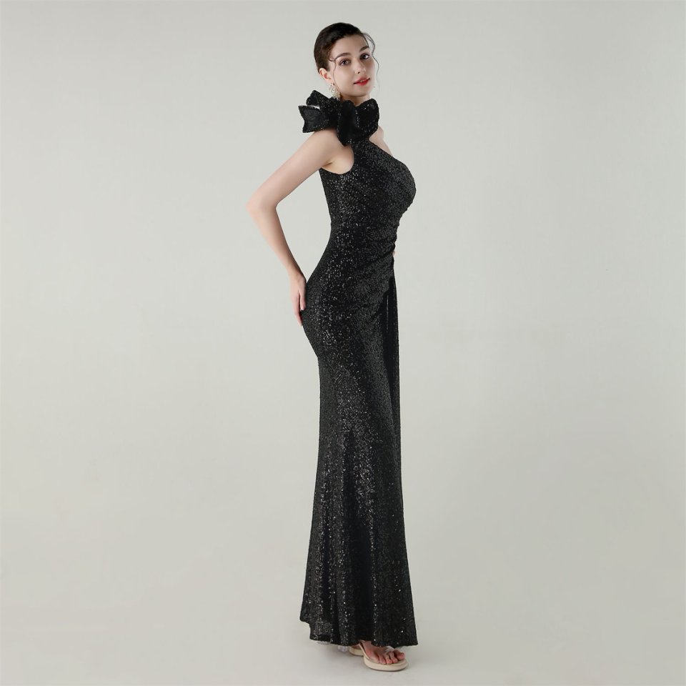 Gorgeous One Side Shoulder Pleated Sequins Evening Gown (Black) (Made To Order)
