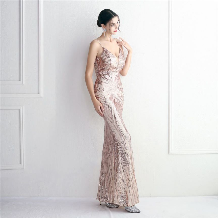 Spaghetti Strap Sequins Evening Gown (Rosegold) (Made To Order)