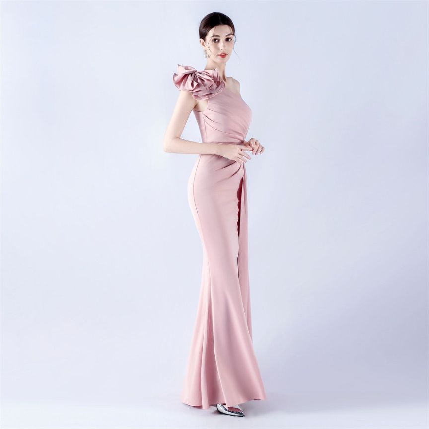 Gorgeous One Side Shoulder Evening Gown (Light Pink) (Made To Order)