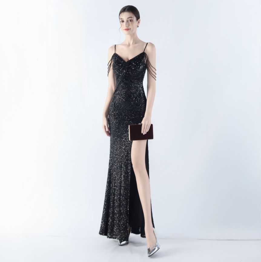 Spaghetti Padded Sequins Slit Gown (Black) (Made To Order)