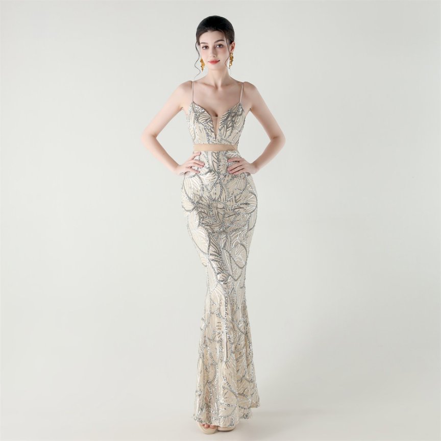 Elegant Sequin Pattern Mermaid Evening Gown (Silver) (Made To Order)