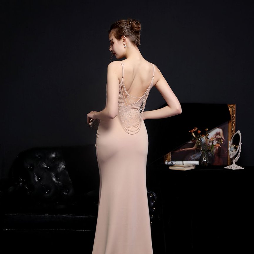 Spaghetti V Neck With Back Chain Evening Gown (Beige) (Made To Order)