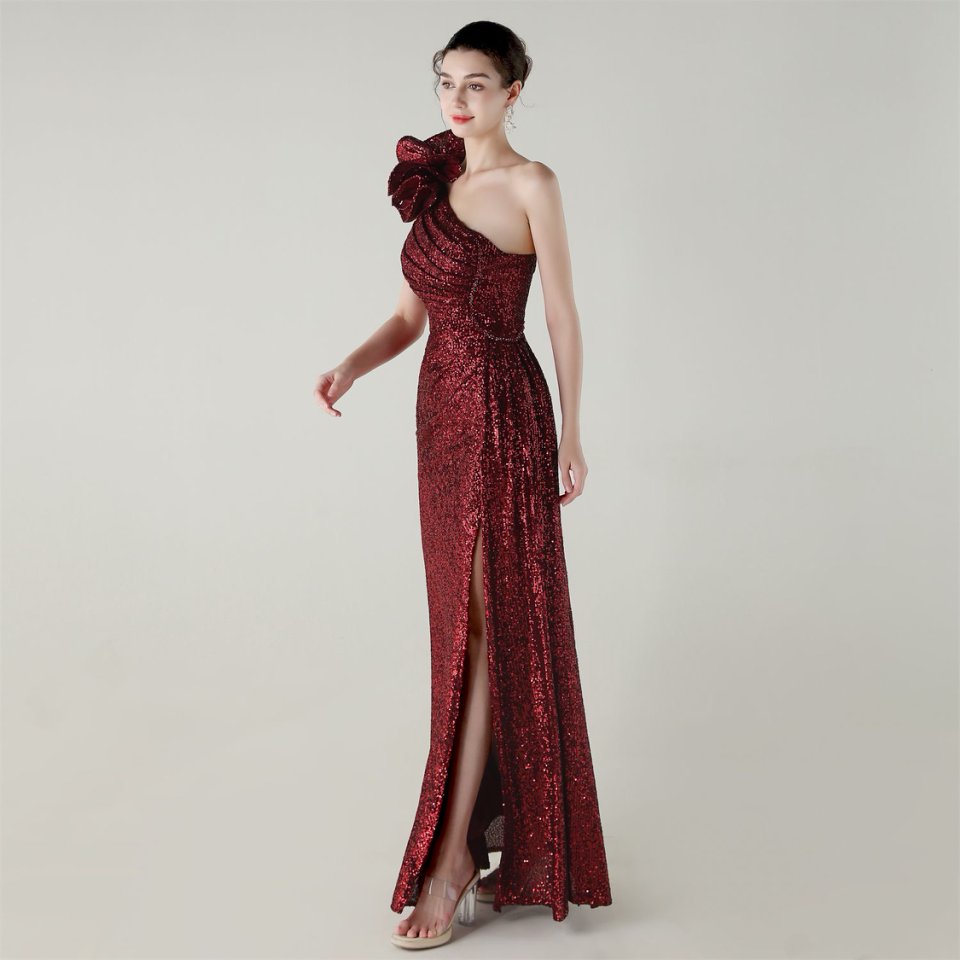 Gorgeous One Side Shoulder Pleated Sequins Evening Gown (Red) (Made To Order)