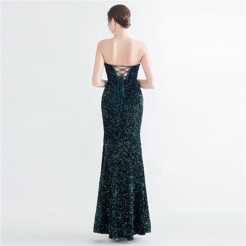 Strapless Corset Sequins with High Slit (Green) (Made To Order)