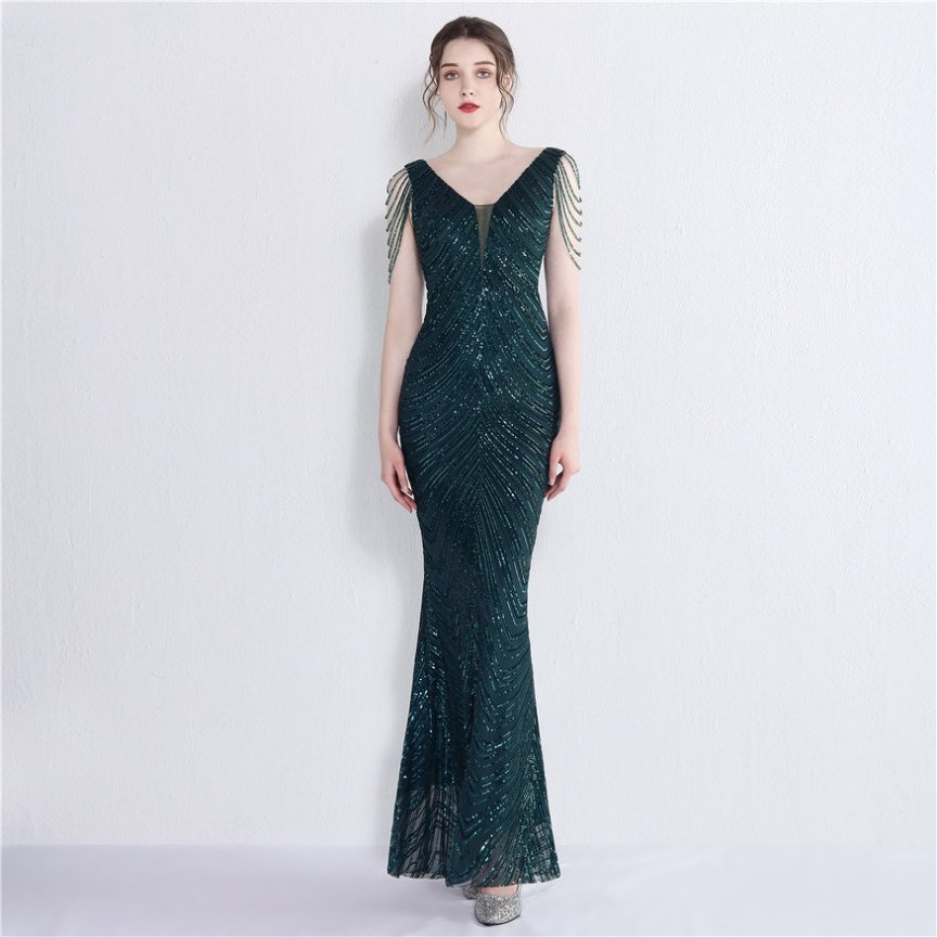 Fashion Crystal Sleeve Sequins Fitting Gown (Green) (Made To Order)