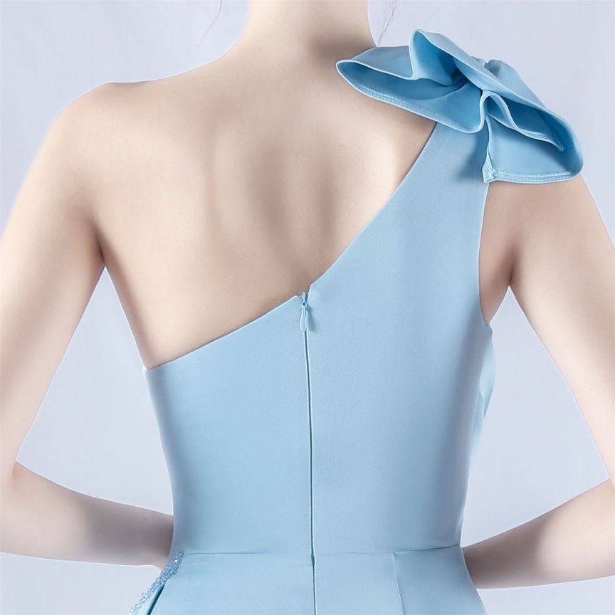 Gorgeous One Side Shoulder Evening Gown (Light Blue) (Made To Order)
