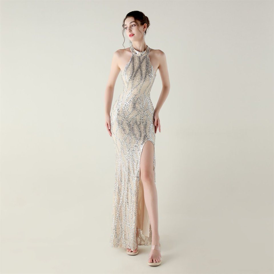 Halter Neck Sequins Backless Fitted Evening Gown (Silver) (Made To Order)