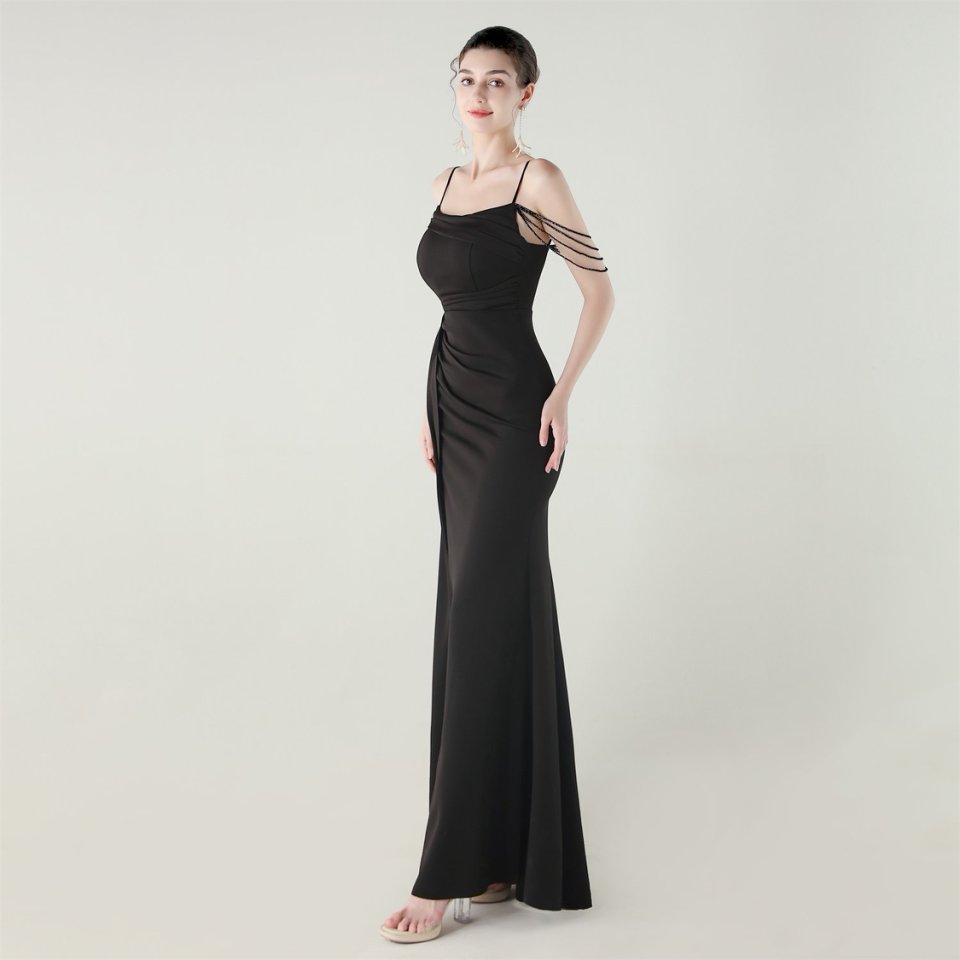 Crystal Beads Spaghetti Pleated Waist Evening Gown (Black) (Made To Order)