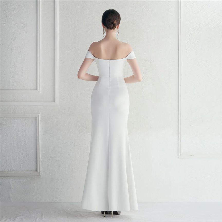 Off Shoulder Fitted with Overlap Slit Evening Gown (White) (Made To Order)