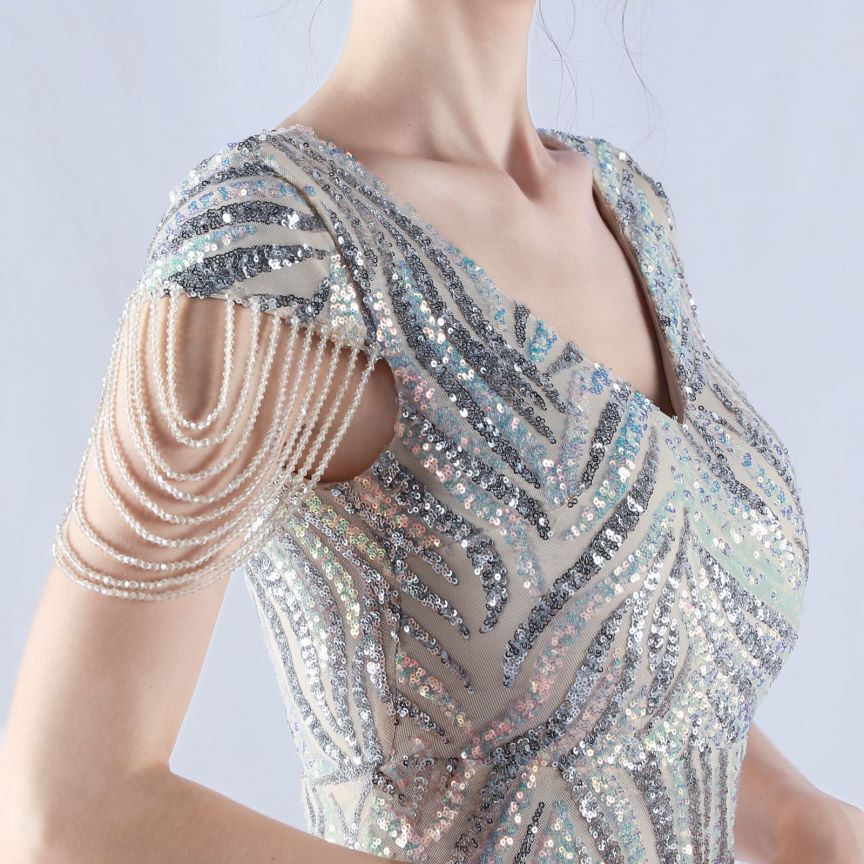 Sleeve Beads Sequins with A Line Evening Gown (Silver) (Made To Order)
