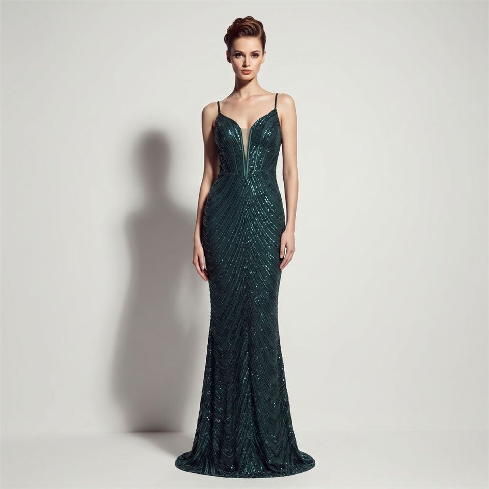 Deep V-Neck Sequin Evening Dress (Green) (Retail)