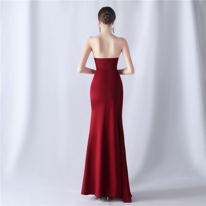 Strapless Sexy Corset With Side Split Evening Gown (Maroon) (Made To Order)