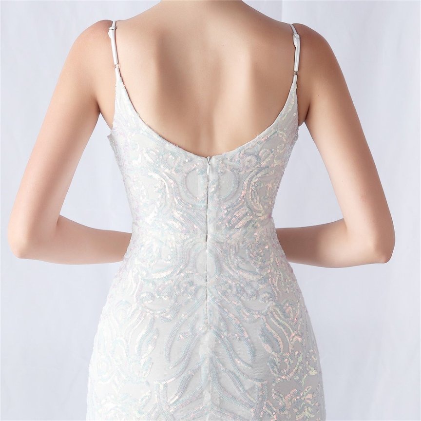 Spaghetti Sequins White Gown with Tulle Skirt Evening Gown (Made To Order)