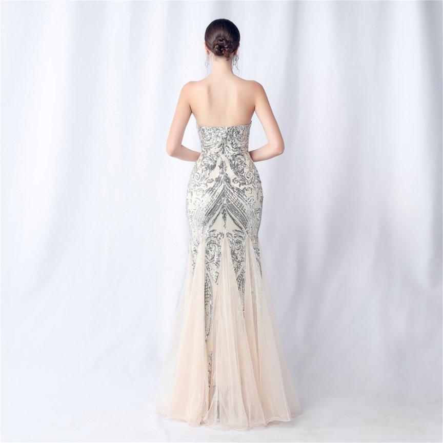 Strapless Sequins Frills Evening Gown (Silver) (Made To Order)