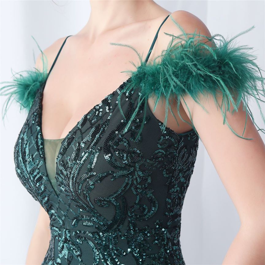 Cold Shoulder Feather Sequins Evening Gown (Green) (Made To Order)